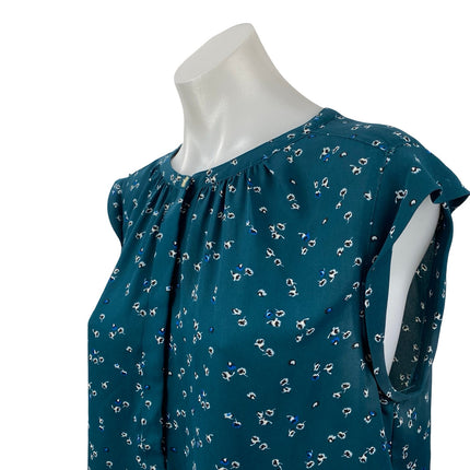 Ann Taylor LOFT Women's Teal Blue Floral Ruffle Sleeve Button Blouse Top Size LP