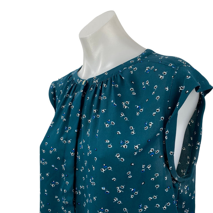 Ann Taylor LOFT Women's Teal Blue Floral Ruffle Sleeve Button Blouse Top Size LP