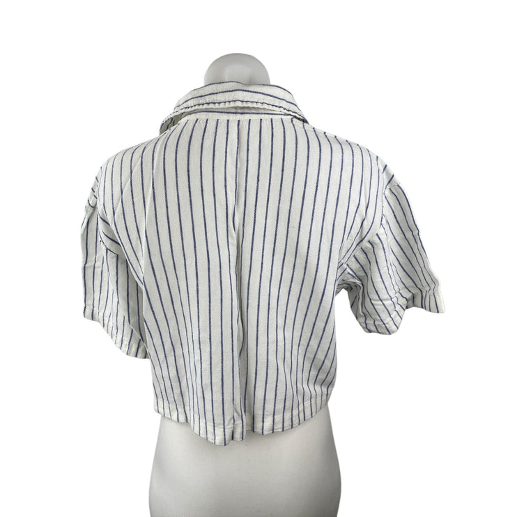 Abercrombie & Fitch White Blue Striped Short Sleeve Cropped Button Up Shirt S