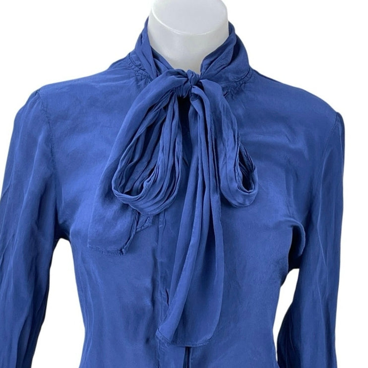 Mango MNG Women's Blue Satin Pussy Bow Tie Neck Long Sleeve Shirt Blouse Top 6