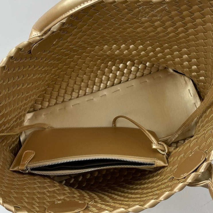 Women's Gold Metallic With Pouch Woven Shoulder Cabat Beach Tote Handbag OS