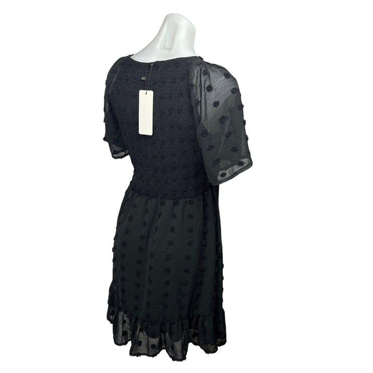 Zattcas NWT Black Mesh Flutter Ruffle Sleeve Popcorn Polka Dot Mini Dress Size M