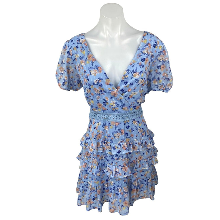 City Studio Blue Floral Lace Tiered Ruffle Flounce Puff Sleeve Mini Dress Size 11