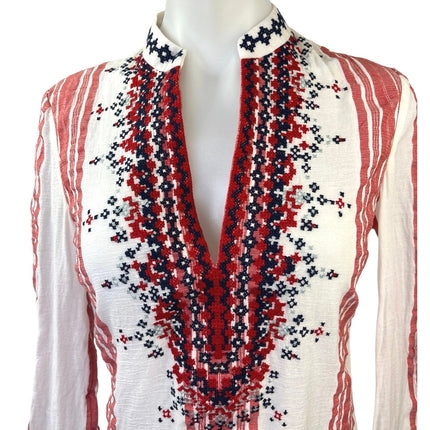 Tory Burch Red White Striped Embroidered Long Sleeve Tunic Blouse Top Size S