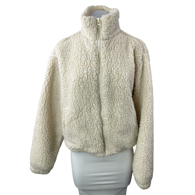 H&M Divided Womens Cream Sherpa Fleece High Neck Long Sleeve Coat Jacket Size S