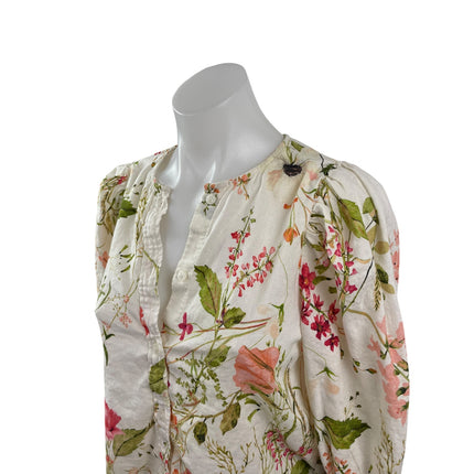 H&M Womens Linen Multicolor Floral Balloon Sleeve Button Down Shirt Blouse Top S