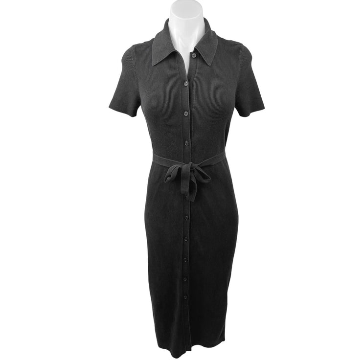 & Other Stories Black Knit Short Sleeve Belted Button Up Midi Shirt Dress Sz XS