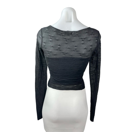 See You Monday Black Long Sleeve Floral Embroidered Mesh Cropped Blouse Top XS