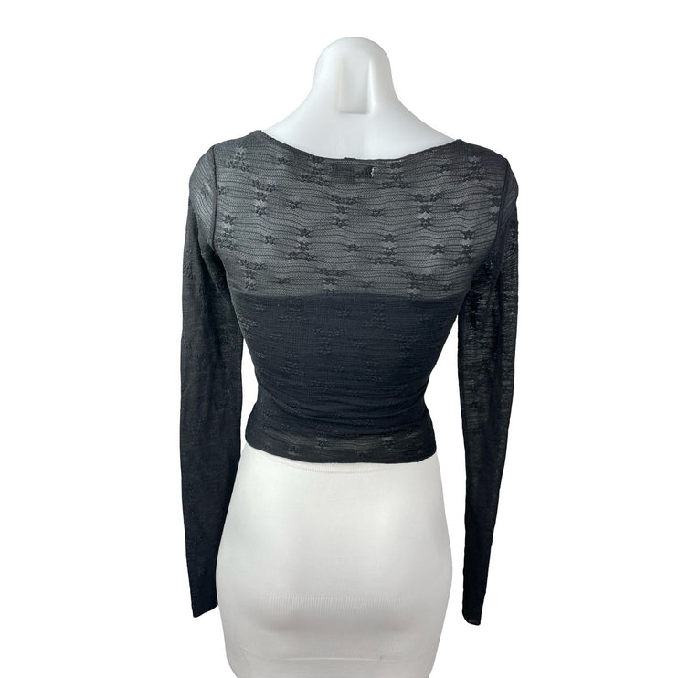 See You Monday Black Long Sleeve Floral Embroidered Mesh Cropped Blouse Top XS