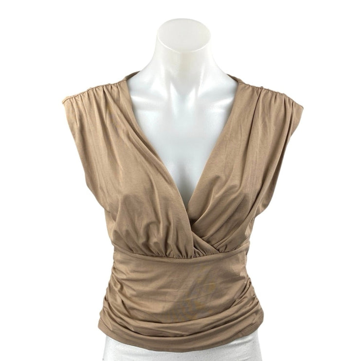 Abercrombie & Fitch Tan Beige Khaki Sleeveless Drape Deep V Blouse Top Size S