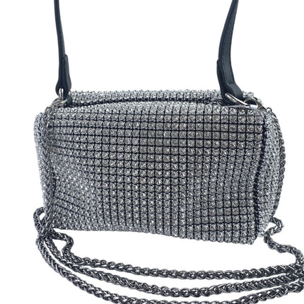 Women's Silver Black Rhinestone Sparkly Chain Crossbody Shoulder Handbag OS