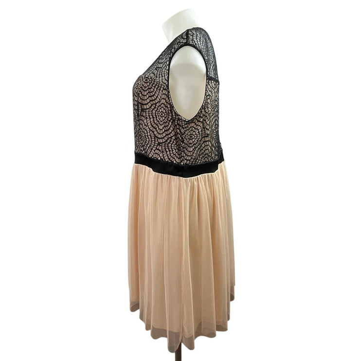 Mystic Black Beige Chiffon Lace Sleeveless Pleated Fit & Flare Mini Dress 3XL