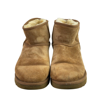 UGG Classic Ultra Mini Brown Suede Round Toe Faux Fur Pull Tab Ankle Boots Sz 11
