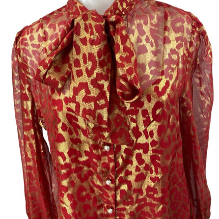 Flying Tomato Red Gold Leopard Semi Sheer Tie Long Sleeve Button Up Shirt Top S
