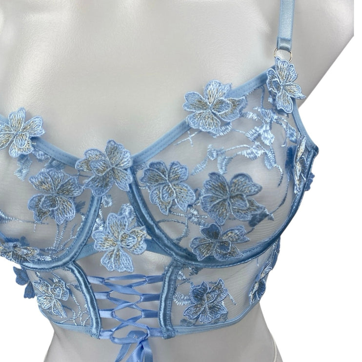 Blue Floral Lace Sleeveless Sheer Cami Camisole Crop Corset Lingerie Tank Top M