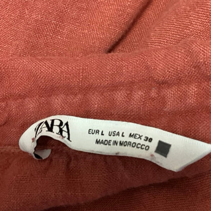 Zara Orange Linen Short Puff Sleeve Button Collar Blouse Shirt Crop Top Size L