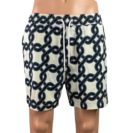 Reiss Men's Black Chain Print Geometric Drawstring Beach Bermuda Swim Shorts L