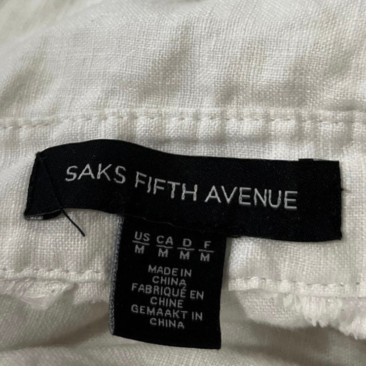 Saks Fifth Avenue White 100% Linen Oversized Ruffle Button Down Shirt Top Sz M