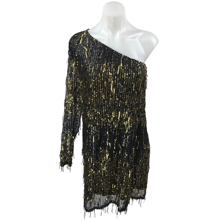 Fashion Nova Black Gold Sequin One Shoulder Long Sleeve Mini Shift Dress Size M