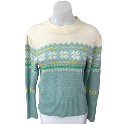 J.Crew Cream Blue Fair Isle Ribbed Knit Crew Neck Pullover Sweater Top Size M
