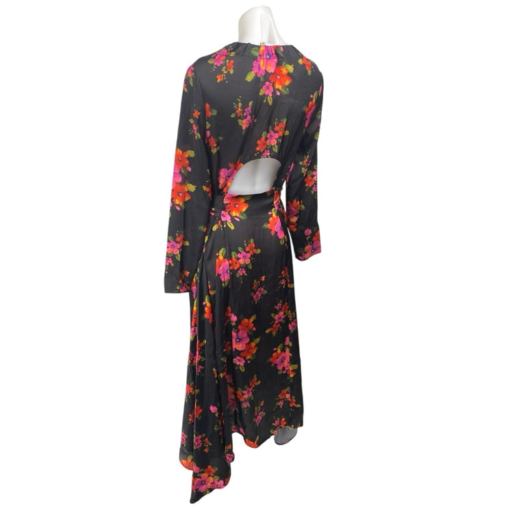 Asos Black Pink Floral Long Sleeve Cutout Back Tie Waist A Line Midi Dress Sz 6