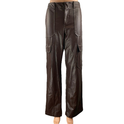 Zara Women's Brown High Rise Faux Leather Vegan Cargo Straight Trousers Pants M