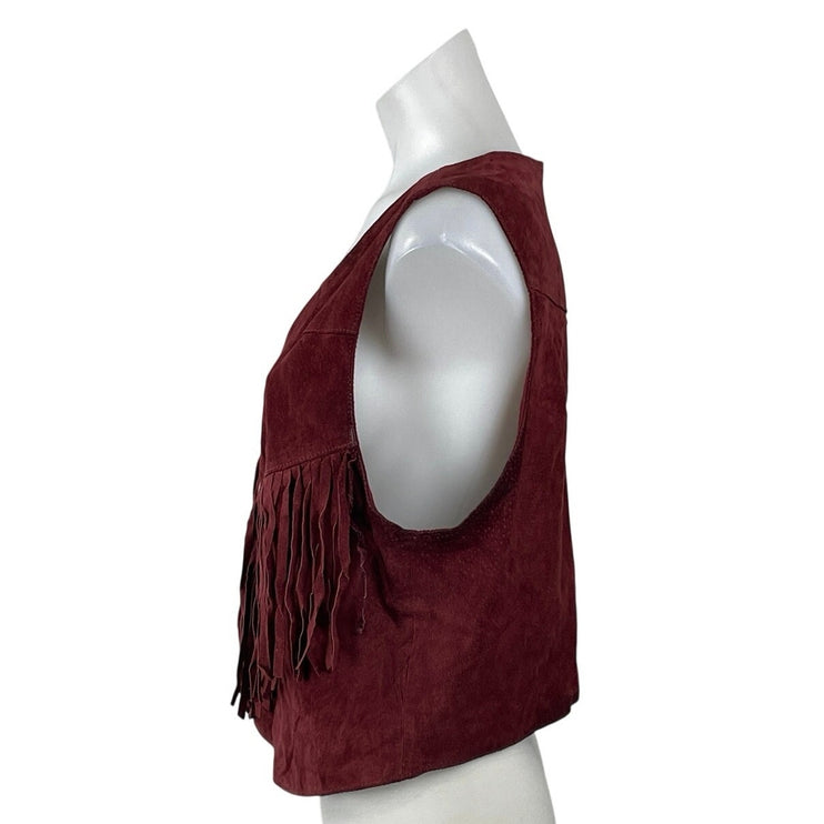 Forever 21 Red 100% Leather Suede Fringe V Neck Sleeveless Vest Crop Top Size L