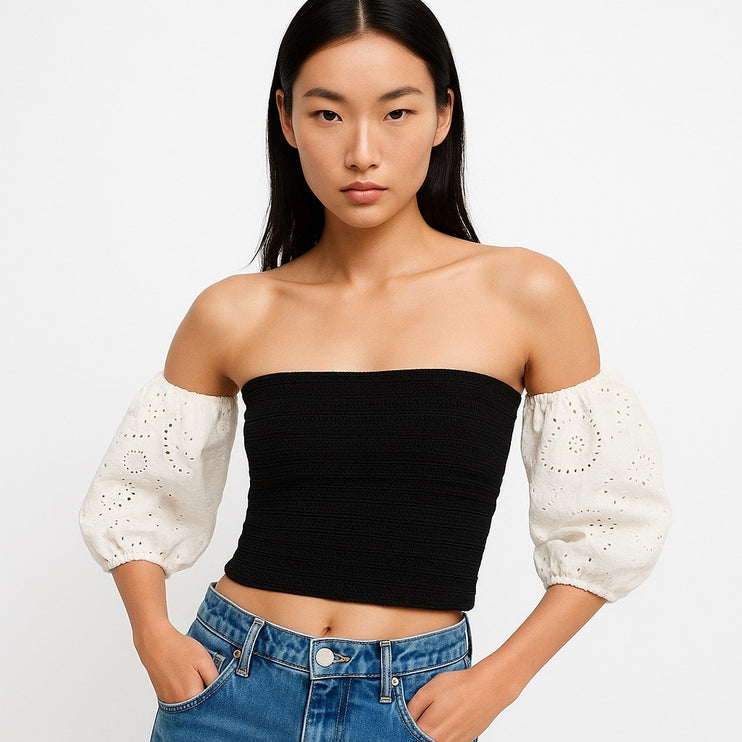 Zara Black White Off the Shoulder Puff Sleeve Bandeau Tube Knit Crop Top Size S