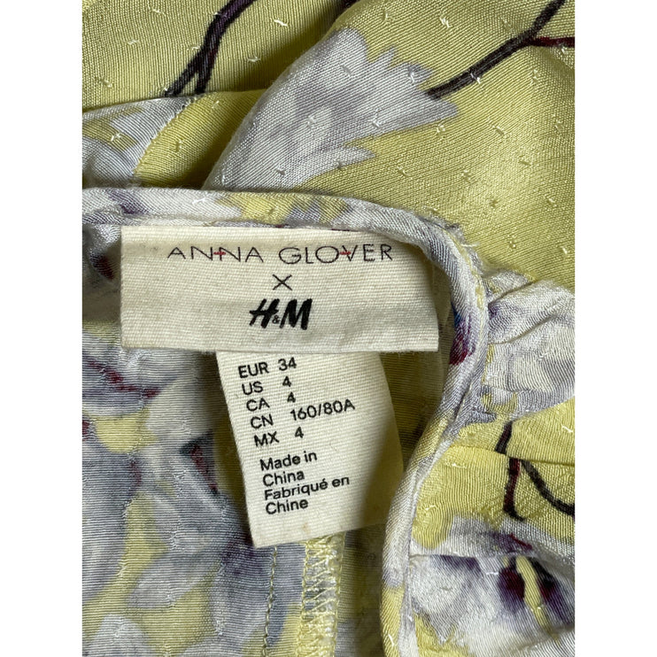Anna Glover x H&M Yellow Floral Long Sleeve Scoop Neck A Line Midi Dress Size 4