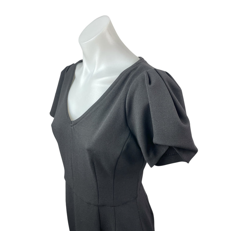 Maggy London Black Short Puff Sleeve V Neck Pencil Midi Sheath Dress Size 4