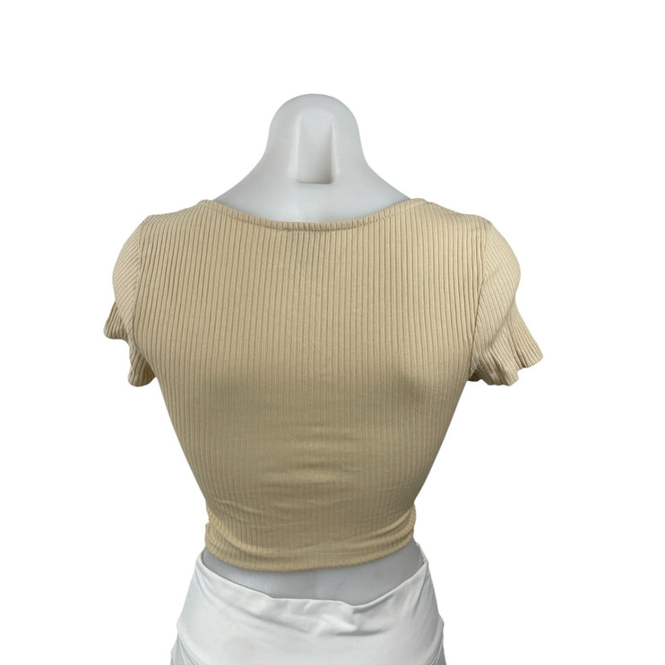 Princess Polly Carmend Beige Ribbed Ruched V Neck Suplice Wrap Crop Blouse Top 0