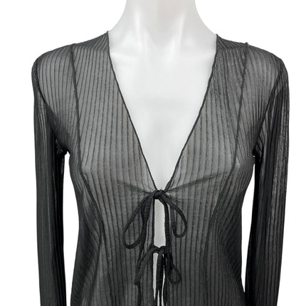 Zara Black Striped Chiffon Lace Tie Long Sleeve Sheer See Through Blouse Top M