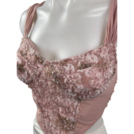 Womens Pink Floral Lace Ruffle Sleeveless Crop Cami Camisole Corset Tank Top S/M