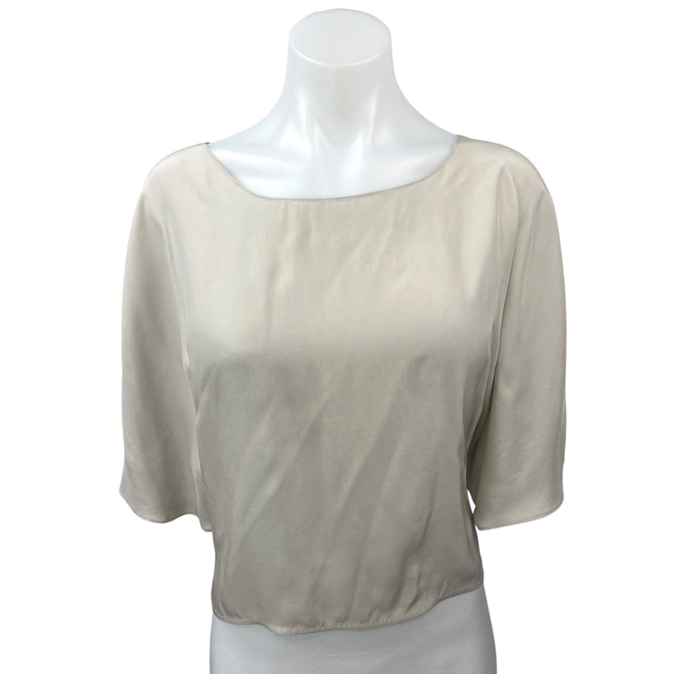 Vince Women's Ivory White Silk Satin Boat Neck Short Sleeve Crop Blouse Top XS