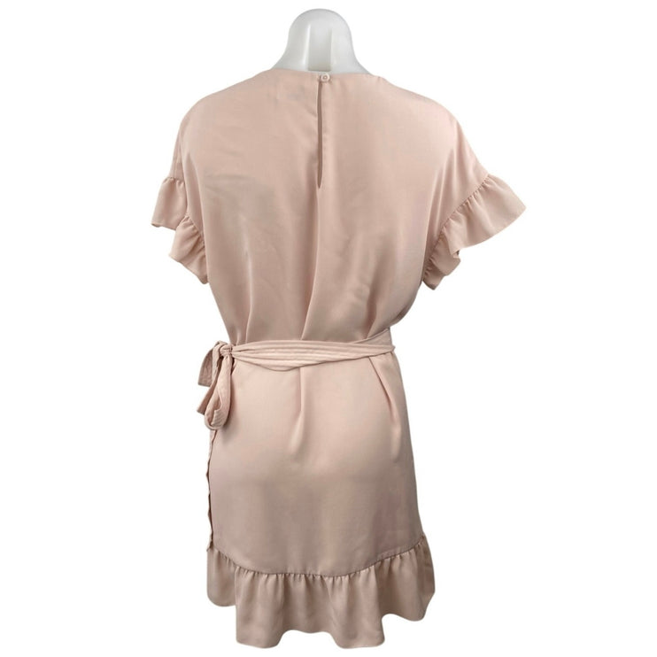 Aritzia Wilfred Women's Light Pink Ruffle Short Sleeve Mini Wrap Tie Dress Sz S