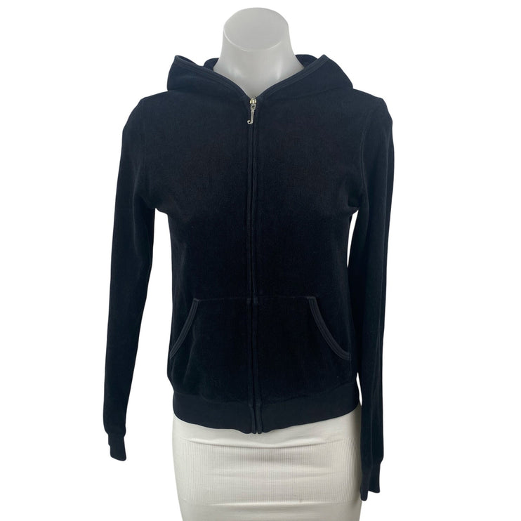 Juicy Couture Womens Black Velvet Velour Full Zip Hoodie Hooded Sweatshirt Top M