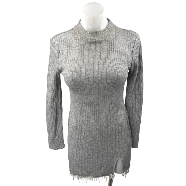 Zara Gray Rib Knit Jeweled Rhinestone Fringe Long Sleeve Mini Bodycon Dress Sz M