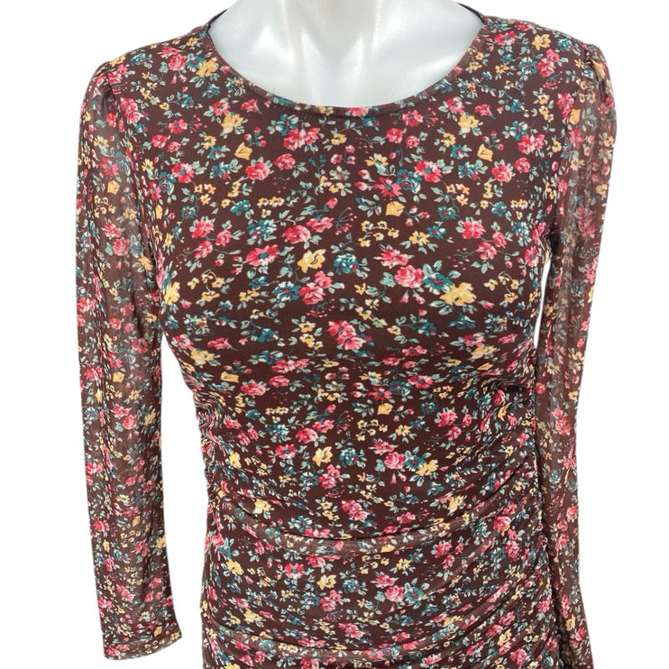 Commense Multicolor Floral Shirred Long Sleeve Ruched Mini Bodycon Dress Size S