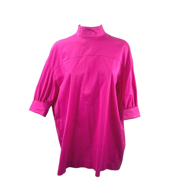 Zara Womens Pink Oversized Mock Neck Half Puff Sleeve Poplin Tunic Blouse Top XS