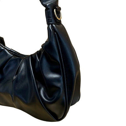 Petite Simone Black Pleated Faux Leather Vegan Tote Hobo Crescent Handbag OS