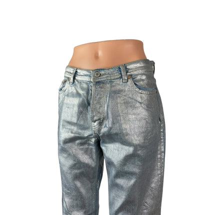Free People Metallic Silver Raw Frayed Hem Barrel Wide Leg Denim Jeans Pants 26