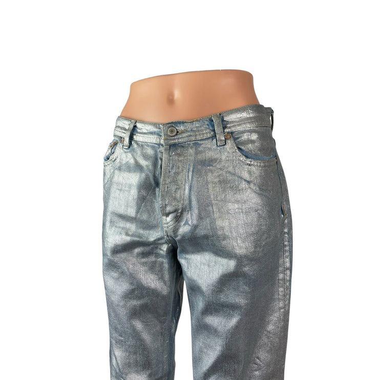 Free People Metallic Silver Raw Frayed Hem Barrel Wide Leg Denim Jeans Pants 26