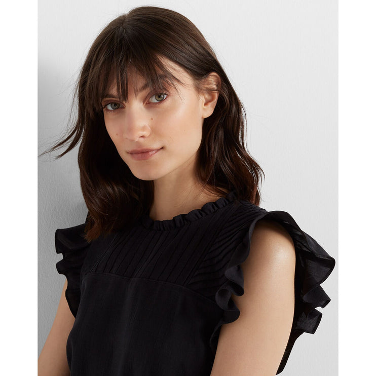 Club Monaco Black Ruffle Pintucked Crew Neck Cocktail A Line Mini Dress Size 00