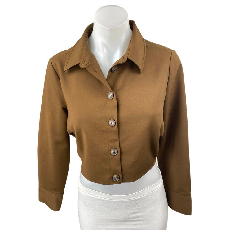 Zara Women's Brown Silky Satin Long Sleeve Button Down Crop Shirt Top Size XS