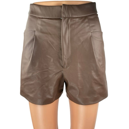 Zara Women's Brown Faux Vegan Leather Pleated High Waisted Wide Leg Shorts Sz XS