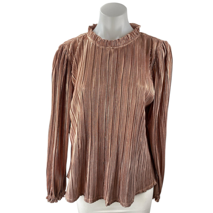 Aqua Womens Brown Ruffle Mock Neck Plisse Pleated Long Sleeve Blouse Top Size S