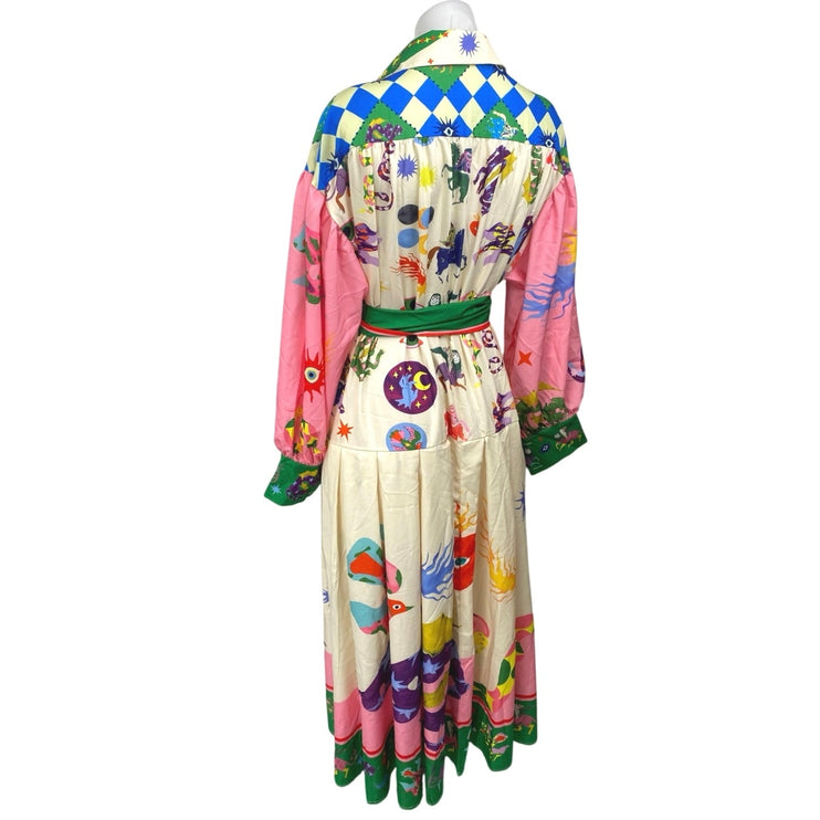 Women's Multicolor Graphic Long Balloon Sleeve Belted Maxi Shirt Dress Size XXL