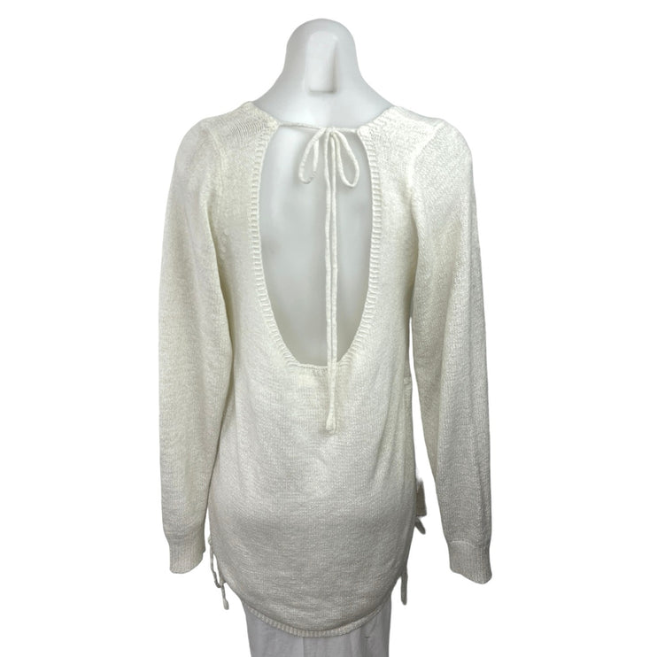 Mable White Knitted Open Back Scoop Neck Long Sleeve Pullover Tunic Top Sz M/L