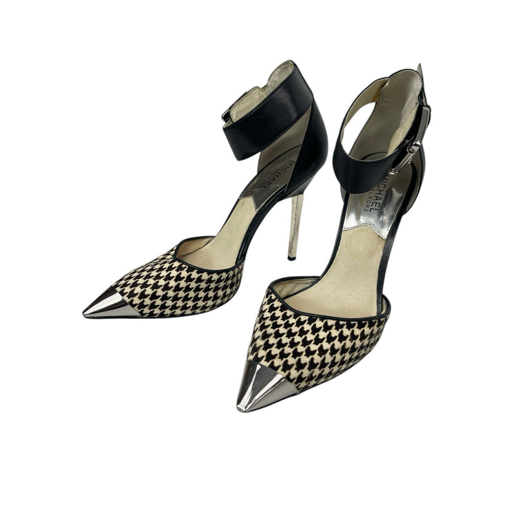Michael Kors Black Houndstooth Pointed Toe Stiletto Heel Ankle Strap Sandals 8.5
