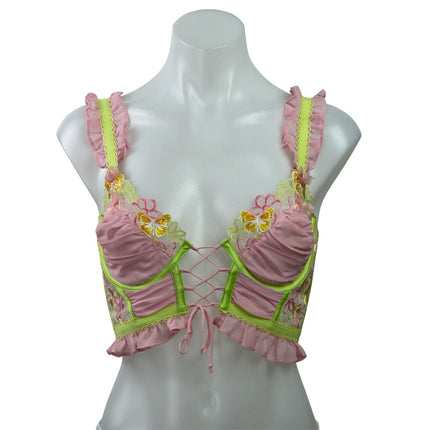 For Love & Lemons Sunset Butterfly Pink Ruffle Bustier Lace Crop Corset Top Sz S